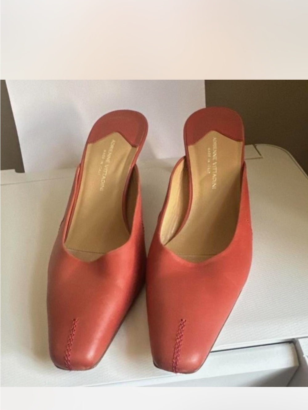 Adrienne Vittadini Coral-Red Leather Square-Toe Slip-On Mules - Picture 1 of 4
